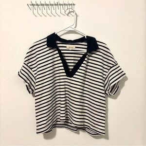 Madewell Navy and White Striped Collared Tee